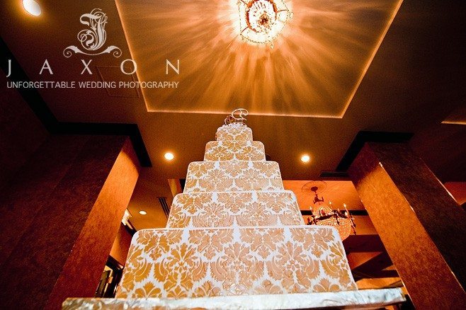 five tiered white and gold wedding cake with leaf pattern | Eagle's Landing Country Club