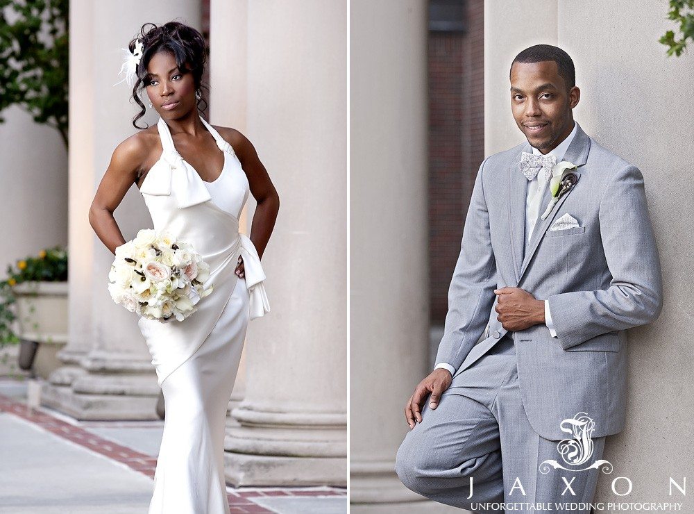 Individual photographs of the bride and groom outside the Biltmore Ballrooms
