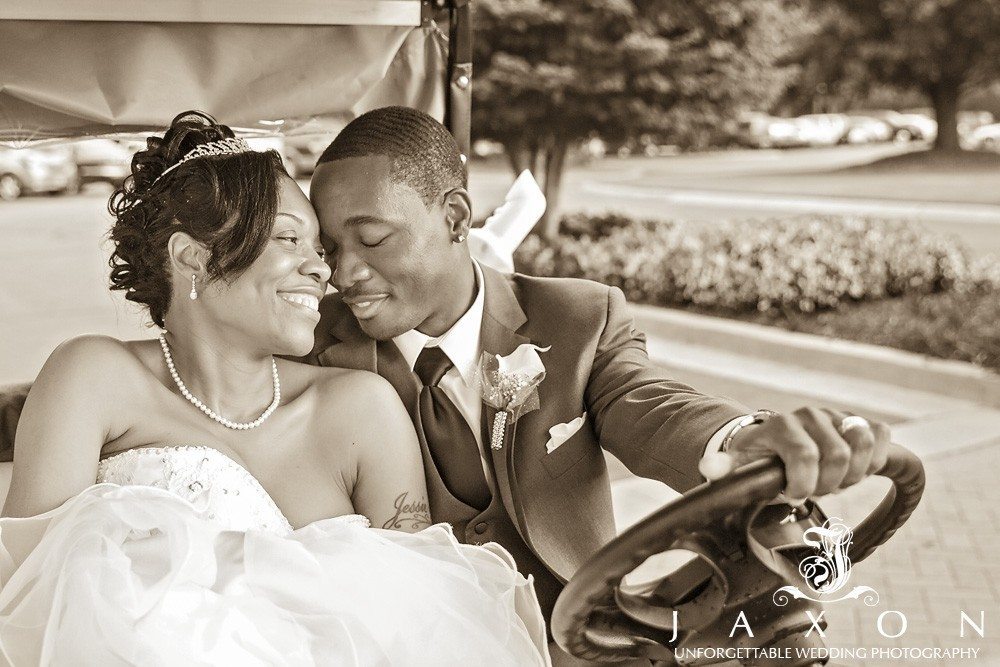 Couple take a ride to the golf course for pictures in a golf cart | Eagle's Landing Country Club Wedding