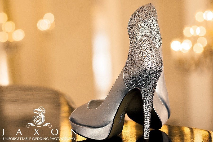 The bride's gorgeous bling encrusted pumps, photographed on the piano at the Venetian Room