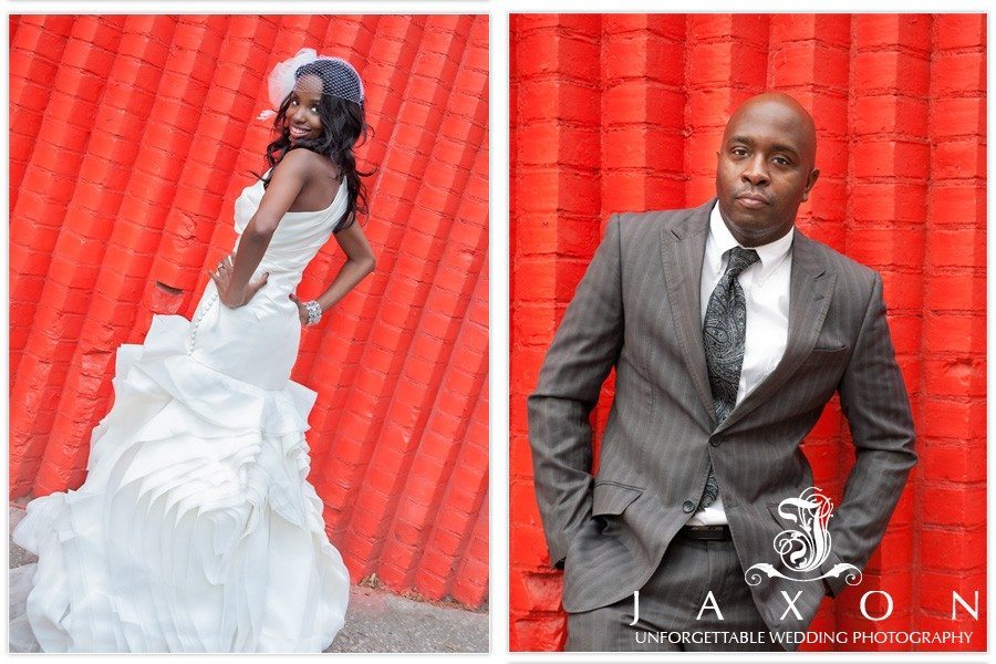 Bride and groom against a red wall near Brooklyn bridge Park | Riviera Wedding Brooklyn, NY