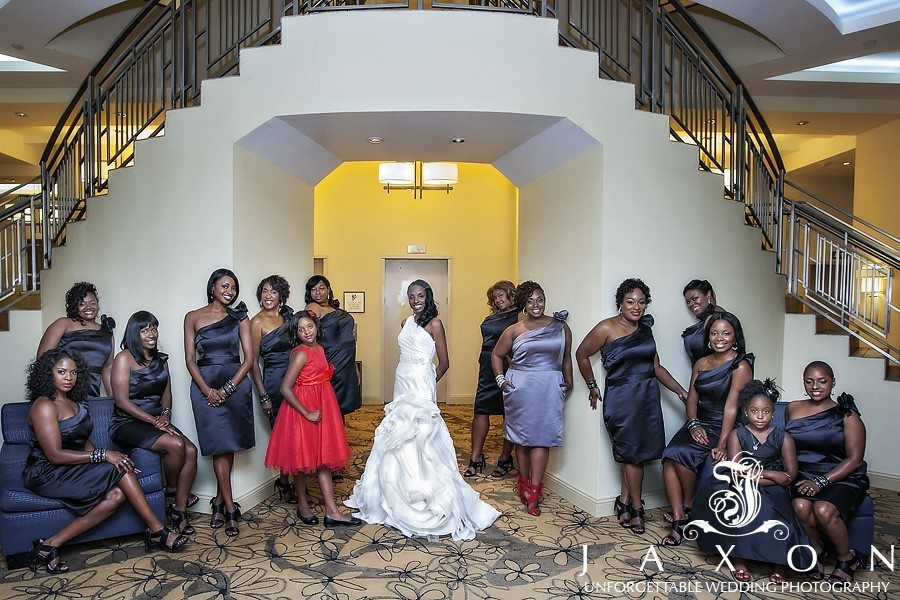 Bride and party of 14 at the staircase in Sheraton in Brooklyn, NY |The Riviera Wedding Brooklyn, NY