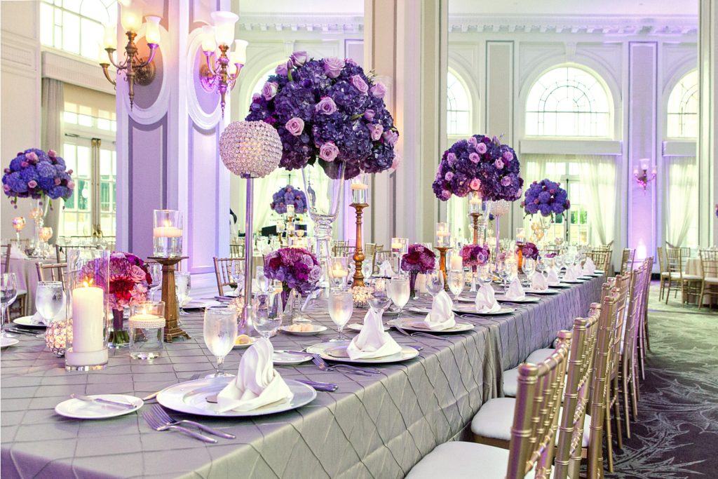 The Grand Ballroom at the Georgian Terrace Hotel decked out in gray and purple and pink