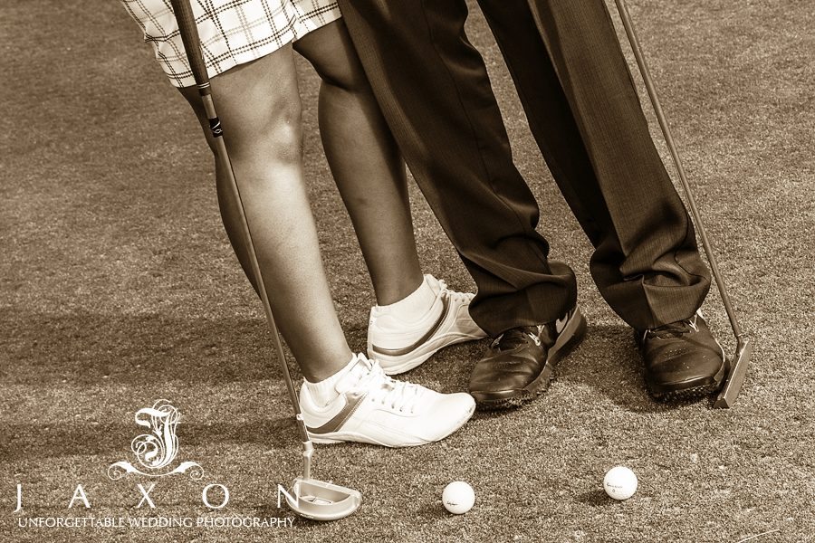 Couple enjoys golf during stone mount park engagement session
