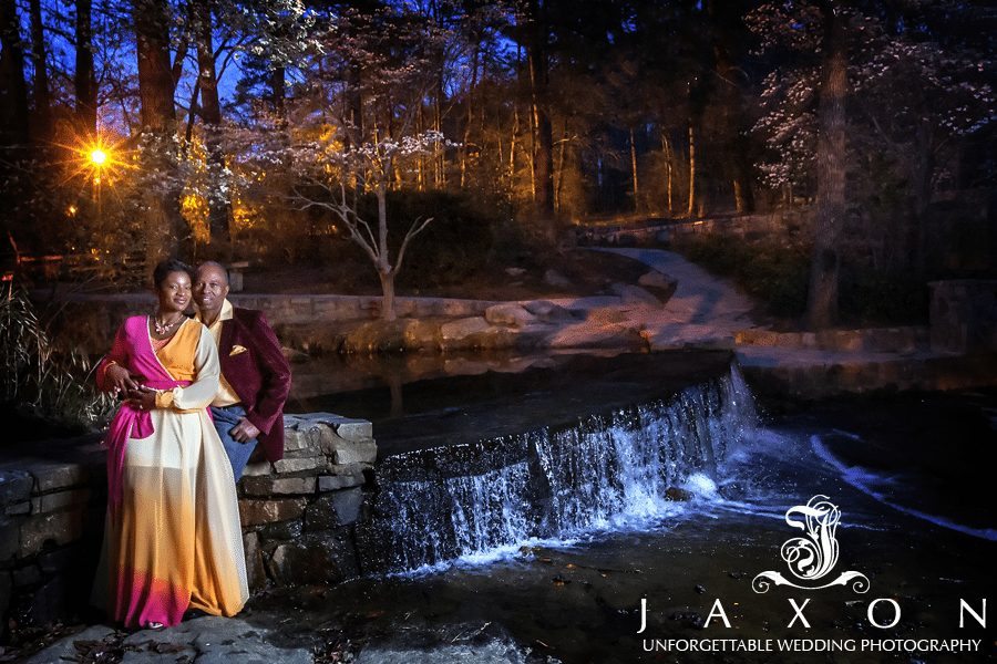 dramatic night time portrait at the waterfall next to the grist mill in Stone mountain Park