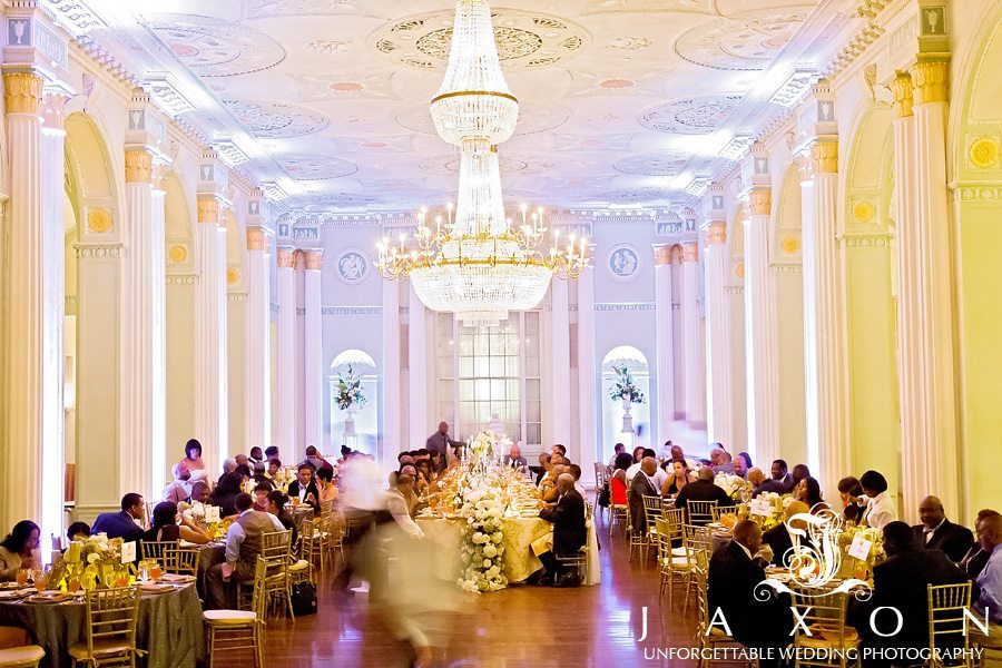 Georgian ballroom where the wedding party dines beneath dazzling crystal chandeliers in old world splendor