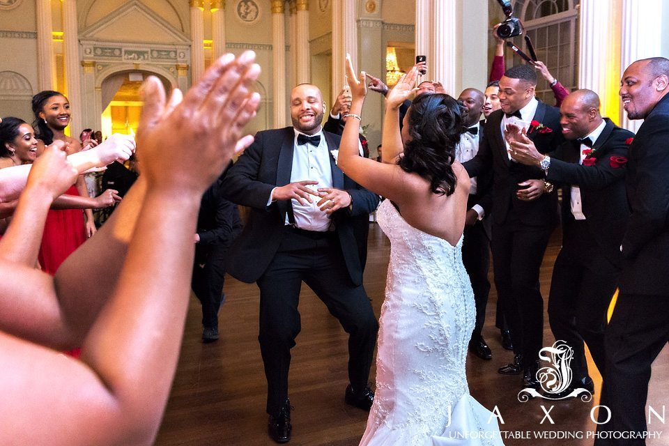Bride and groom party in the Georgian Ballroom at their Biltmore Atlanta Wedding during the reception