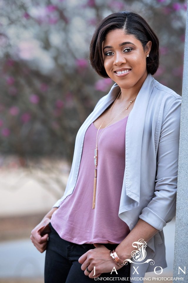 Portrait of woman at Piedmont Park during engagement session