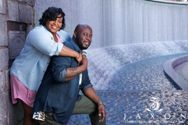 Couple next to the waterfall at Woodruff Park downtown Atlanta
