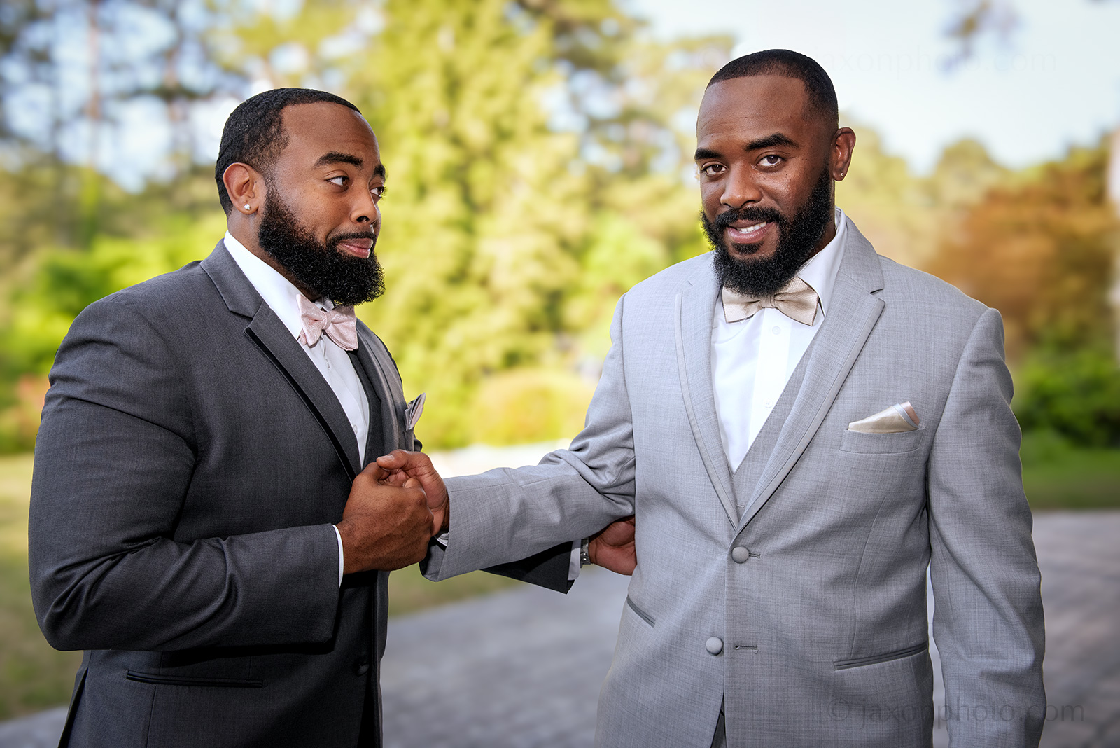 Best man and groom in gray tux