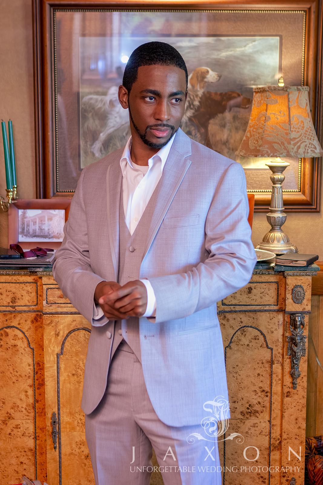 Elegant Groom Preparing in Light Gray Tuxedo at Carl House Auburn